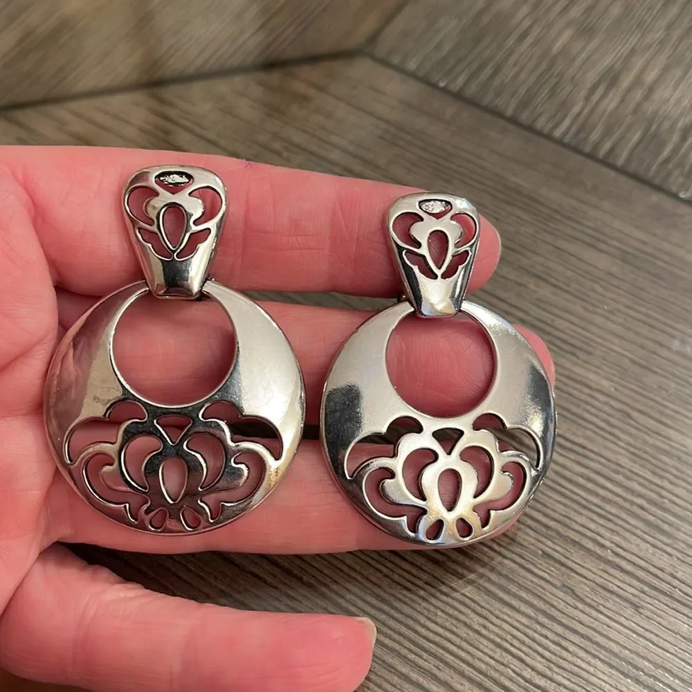 Vintage Silver-tone Door Knocker Clip Earrings, Floral Design